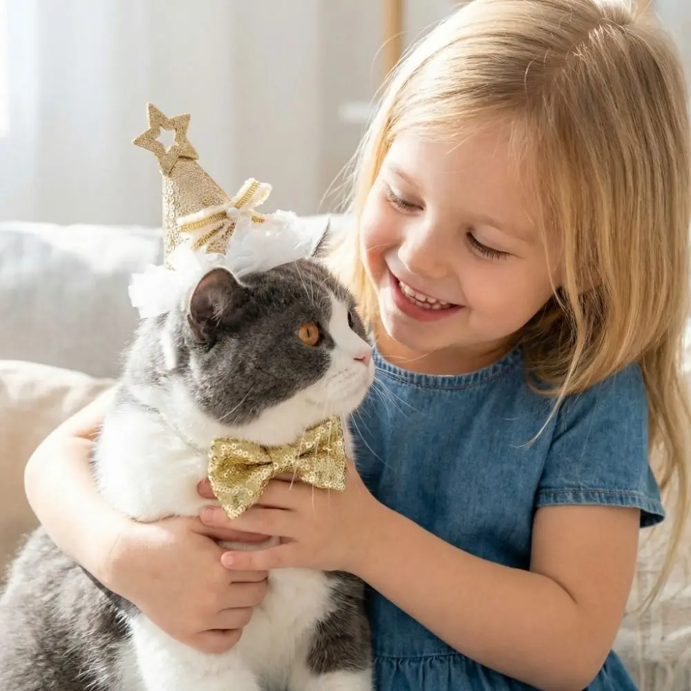

Adjustable Cat Birthday Party Hat Star Sequins Decorative Pet Bowtie Headdress Comfortable Fit Dog Party Headband