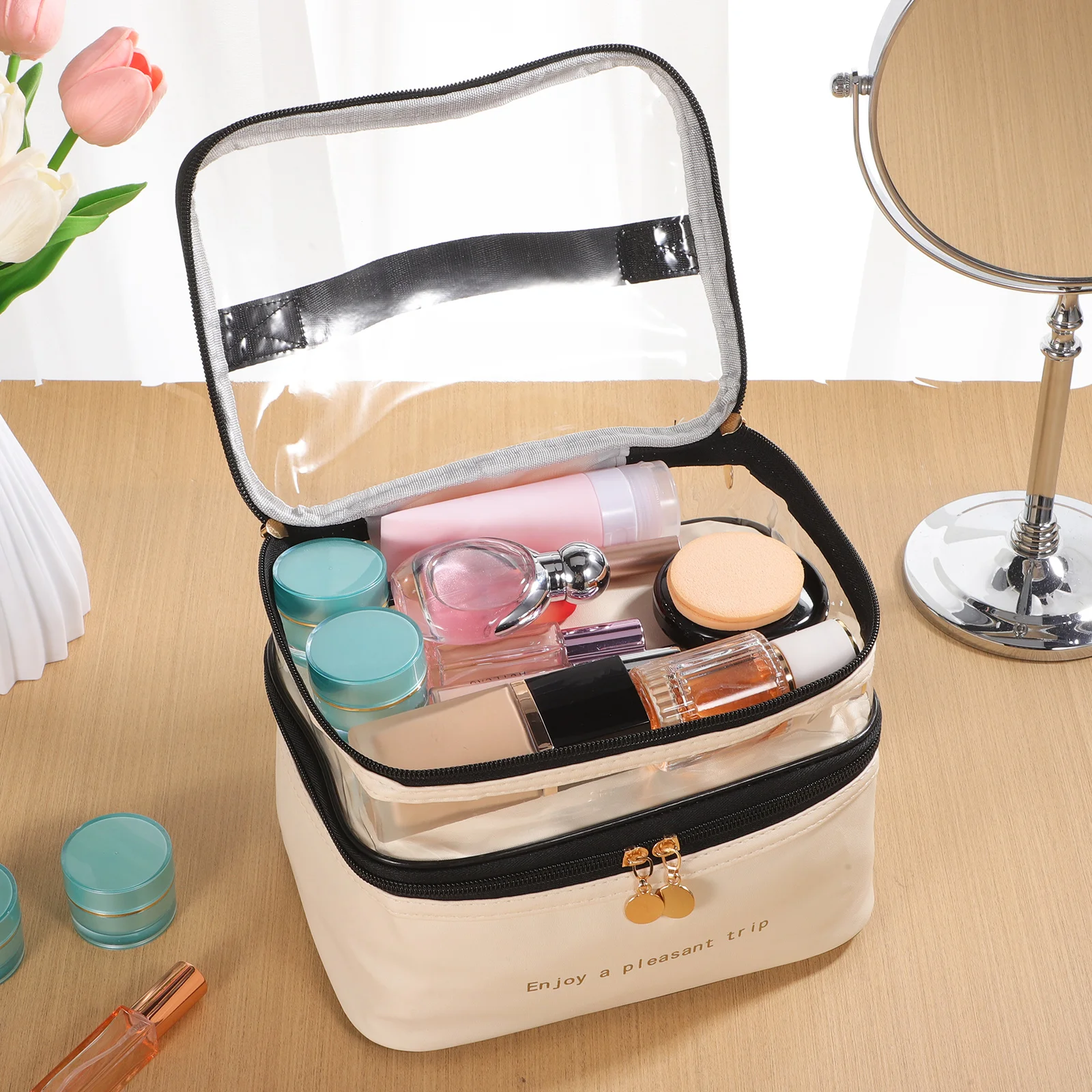 

Double Layer Bag Clear Compartment Travel Makeup Organizer Toiletry Bag Dorm Essentials Water Resistant Portable