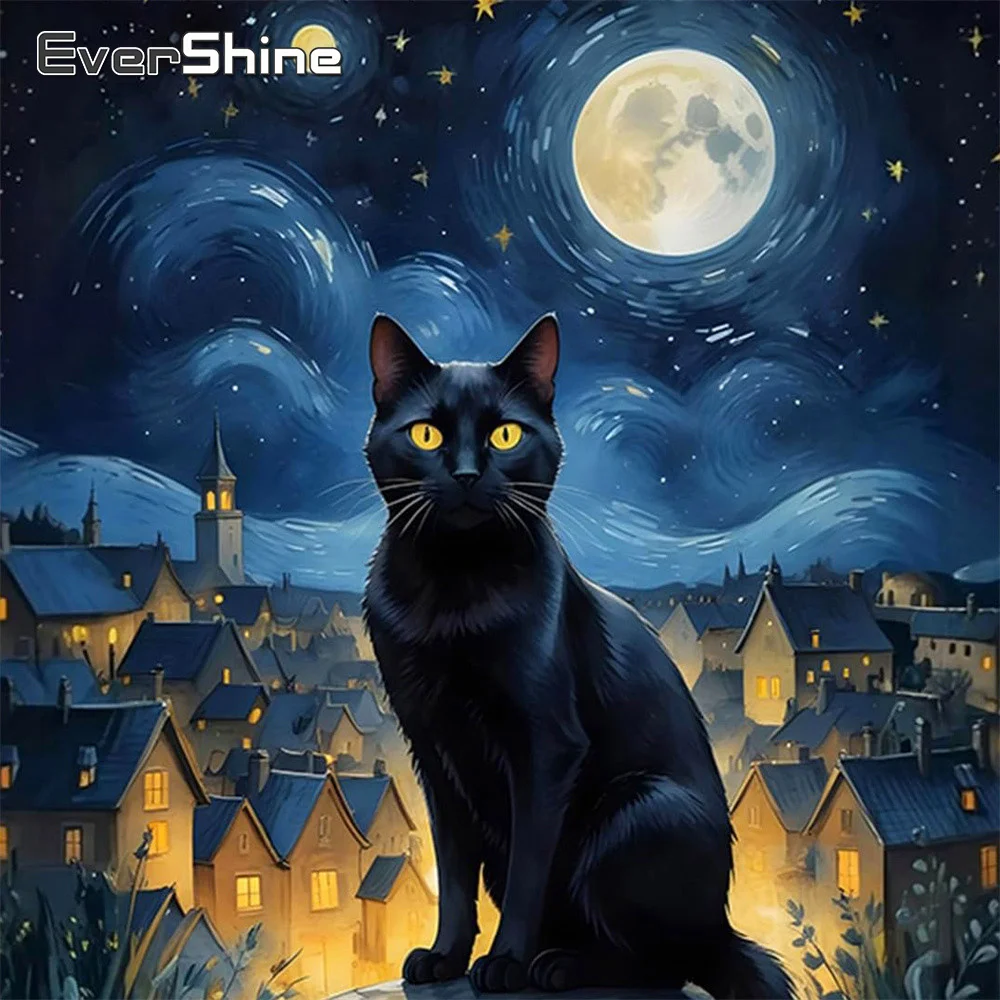 EverShine Tier-Diamantmalerei Cartoon-Katze Vollflächiges Mosaik Haus 5D DIY Bild Strass-Stickerei Mond Kind Geschenk
