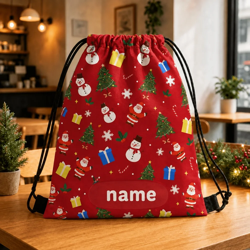 1Pc Custom Name/Text Christmas Drawstring Closure Backpack, Santa Claus Snowman Design Gift Storage Pouch, Xmas Party Candy Bag