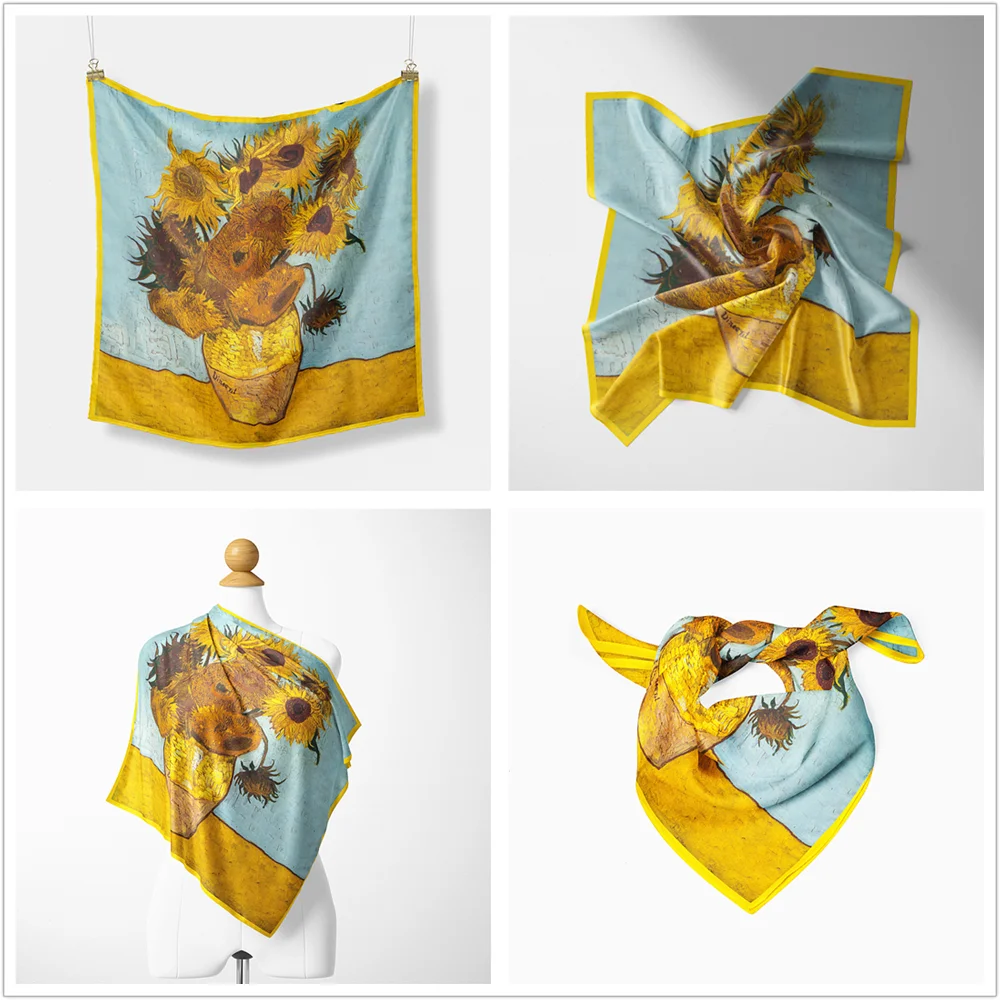 Van Gogh Oil Painting Series Classic Hot Sunflower in bottle All-match Lady Twill Decorative Small Square Scarf Ribbon Scarf