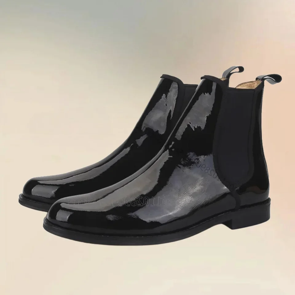 

Black Patchwork Patent Leather Ankle Boots Fashion Slip On Men Boots Luxury Handmade Party Feast Banquet Office Men Dress Shoes