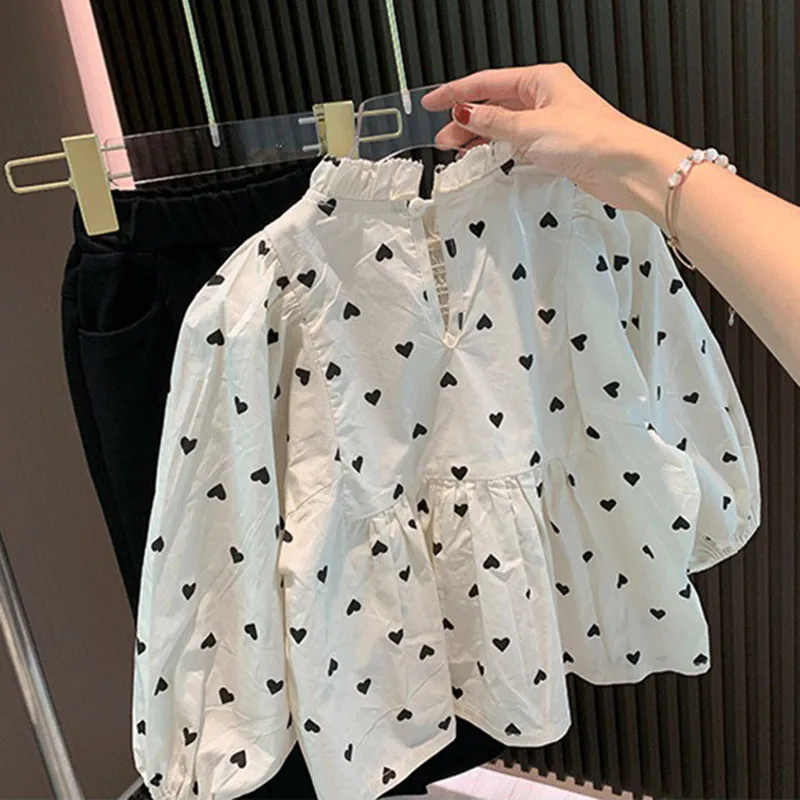 2-8T Toddler Kid Baby Girls Clothes Heart Print Girls Shirt Elegant Long Sleeve Loose Top Blouses Fashion Streetwear Outfit