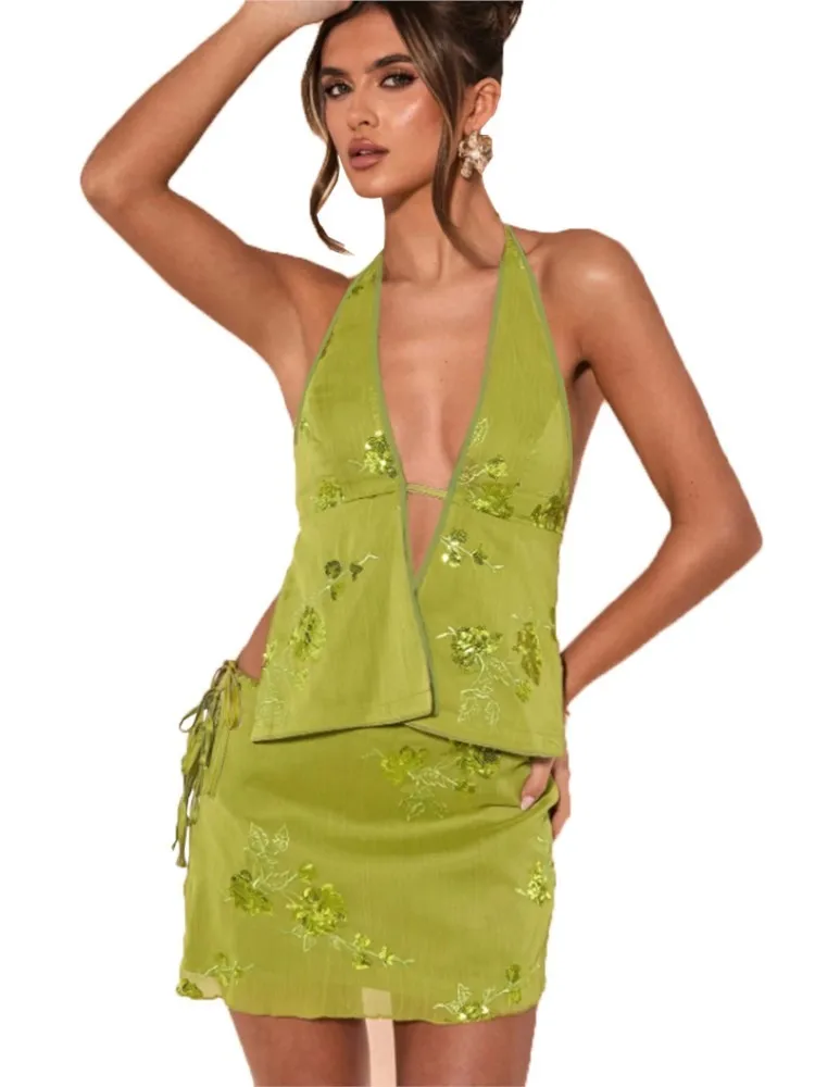 Elegante Zwei Stück Set Kleider Frauen Spaghetti Strap Tops Und Schlanke Mini Röcke Sexy Club Weibliche Streetwear Passenden Anzug