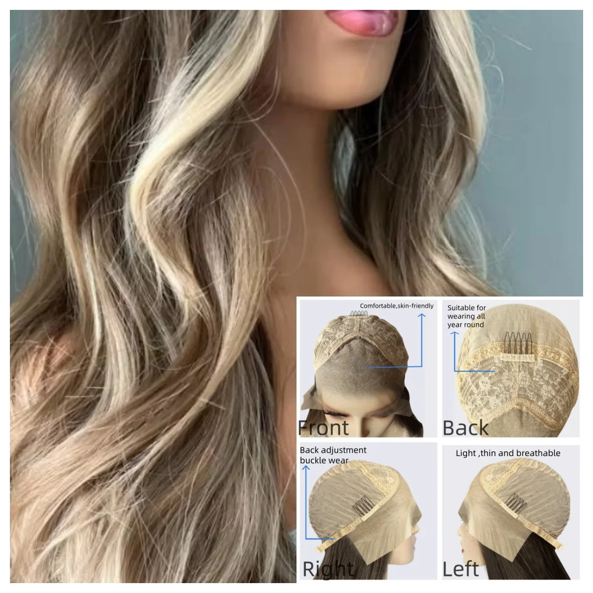 

Light Champagne Brown Mix Blonde Hairline Wig Wavy 13x4 Synthetic Hair Natural Hairline Middle Part Comfortable Handmade Wig