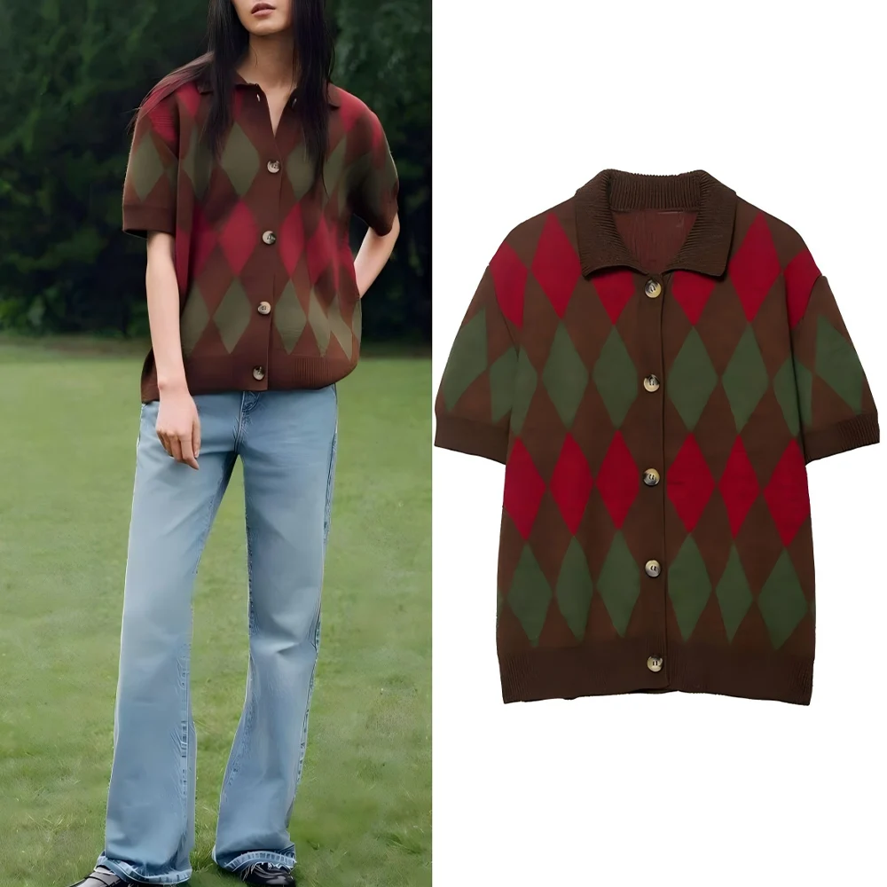 

Women's new fashion loose POLO shirt collar diamond grid pattern knitted Coat short sleeved Button-up women's cardigan chic top