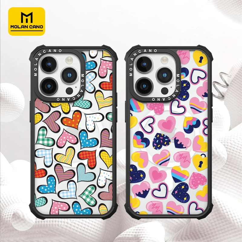 Magnetic Phone Case Rainbow Love Heart For iPhone 15 14 13 12 11 Pro Max Plus Mini Shockproof PC+TPU Cute Back Cover