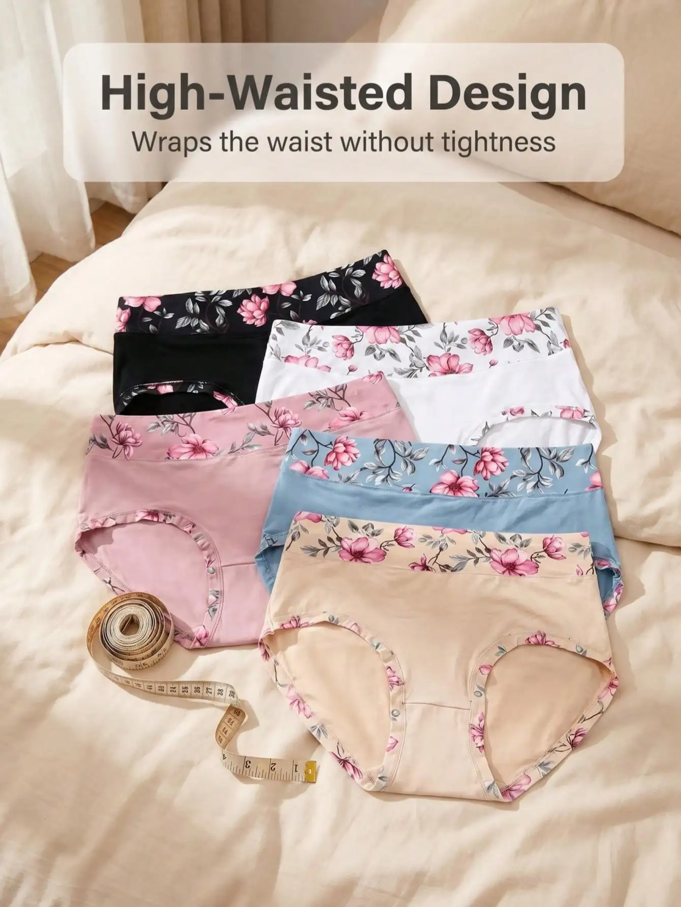 5 uds. de bragas con estampado de flores para mujer de talla grande, conjunto de bragas de cobertura completa de cintura media, conjuntos de ropa interior suave y a la moda, ropa diaria de verano