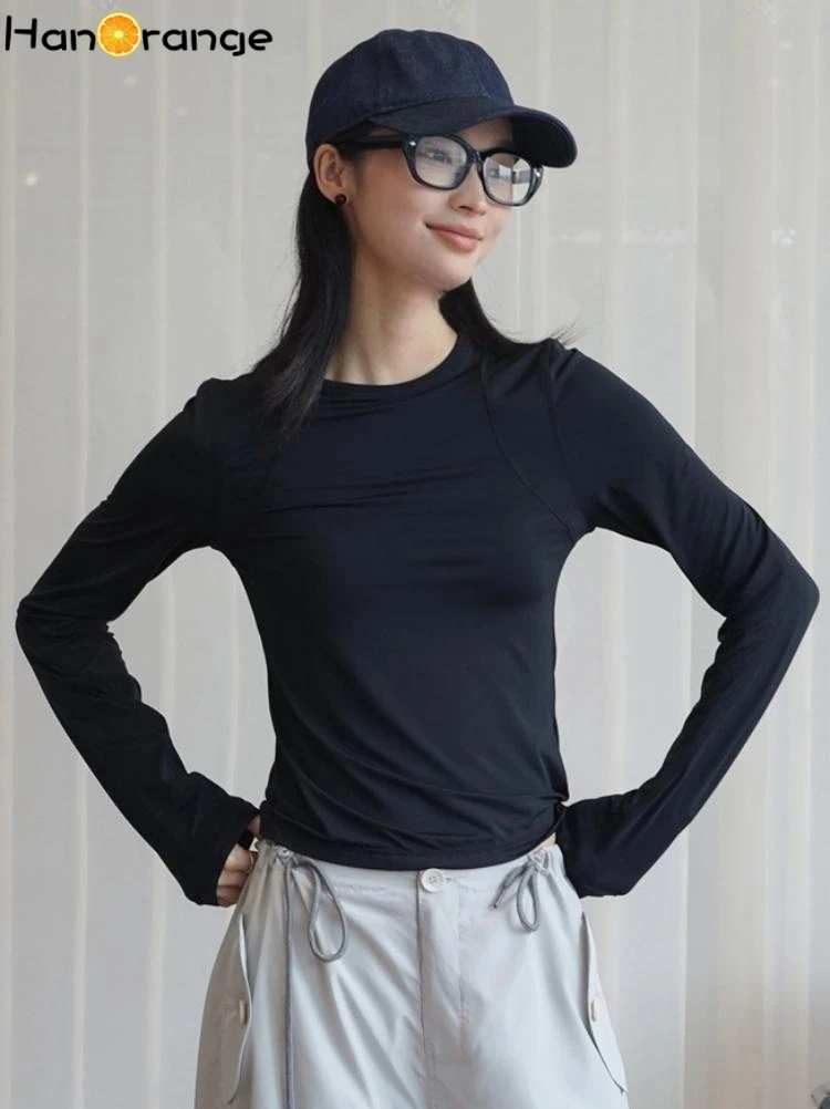 

HanOrange 2026 Spring Leisure Sports Slim Fit Long Sleeve T-shirt Women Lightweight Elastic Fitness Top Tees Female