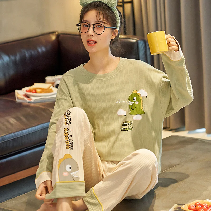 Spring Autumn Fashion New Women's Long-sleeved Pants Set of Lounge Wear Combed Cotton Cute Cartoon Pajamas
