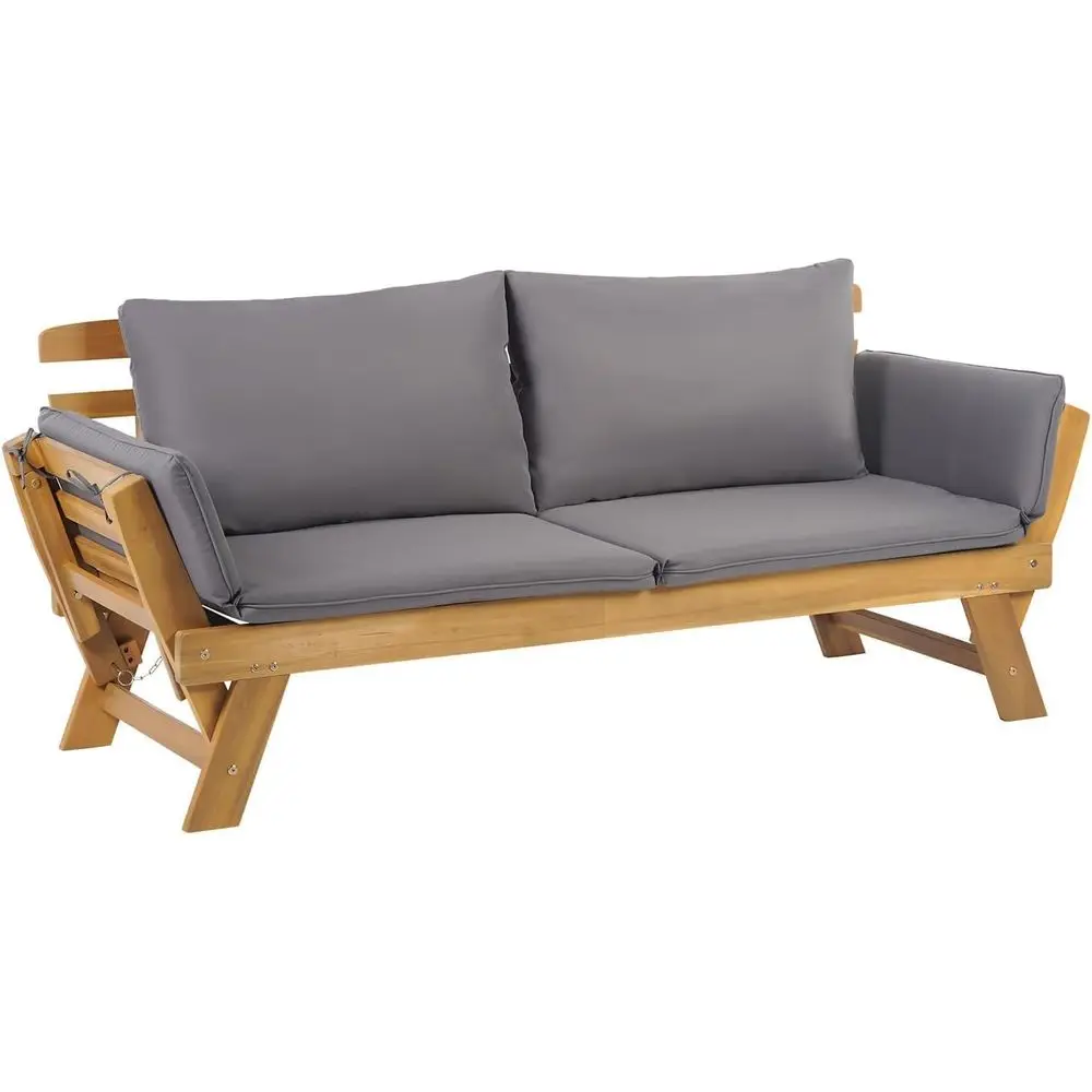 Outdoor Couch Patio Couch Daybed with Adjustable Armrest, Wooden Loveseat with Cushion and Pillow, and Expandable Plate