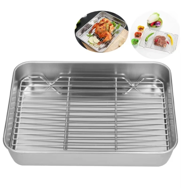 Baking tray With Wire Rack 304 Stainless Steel cake Baking BBQ Pan Tray plate Oven brownie Rack Cooking Roasting Grilling Tool