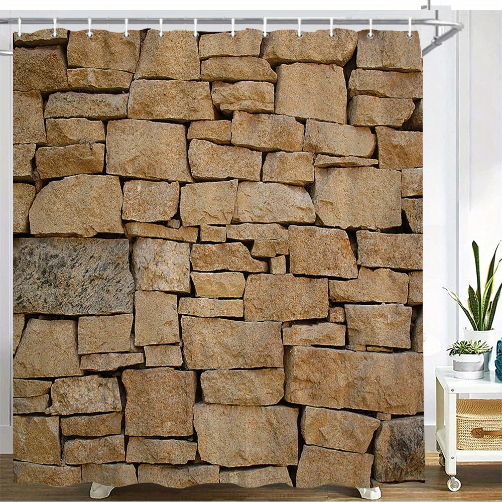 Realistic Stacked Stone Wall Shower Curtain for Bathroom Decor - Natural Earth Tones Waterproof Shower Curtain Liner