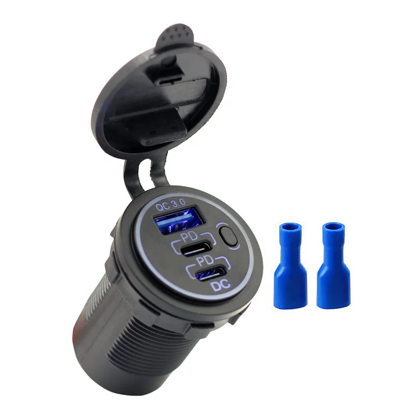 USB C Car Charger Socket 12V/24V Multiple USB Outlet Two 40W PD USB-C & QC3.0 Ports with Power Switch Fast Car Adapter