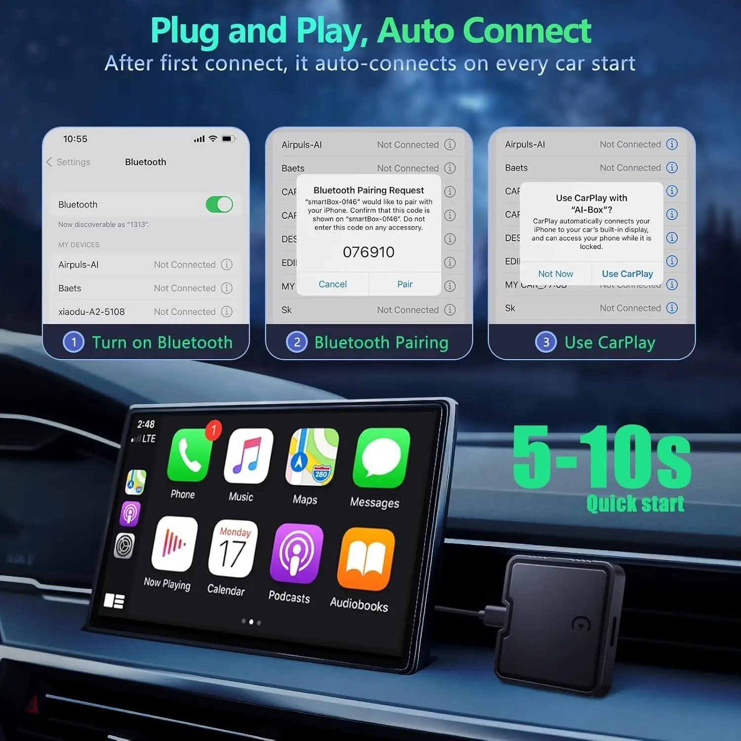 محول CarPlay اللاسلكي لسيارات 2015+، اتصال سريع ومستقر، يدعم Netflix، YouTube، بطاقة TF، iOS 10+