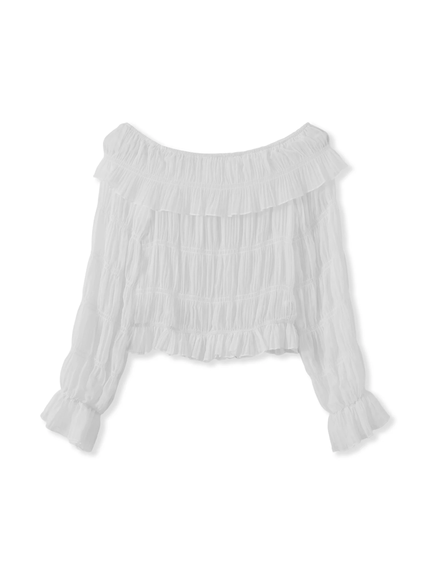 بلوزة أنيقة مزينة بالدانتيل مكشوفة الكتف بأكمام جرس وتفاصيل مطرزة بالزهور لفصلي الربيع والصيف