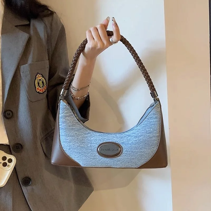 Retro Denim Blue Handbag Women Patchwork Large Capacity Woven Handle Shoulder Bag Ladies Fashion Harajuku Versatile Underarm Bag