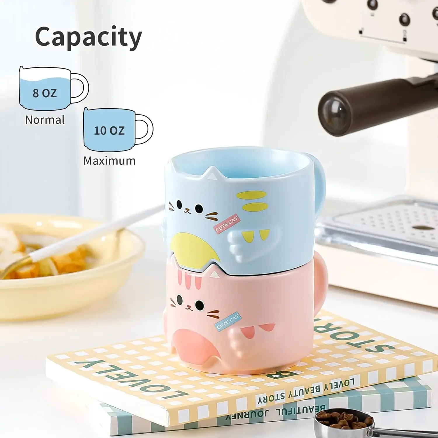 Mug Set of 4 Stackable Porcelain Cute Coffee Gifts for Lovers,Funny Mugs with Cartoon Designs 300ML