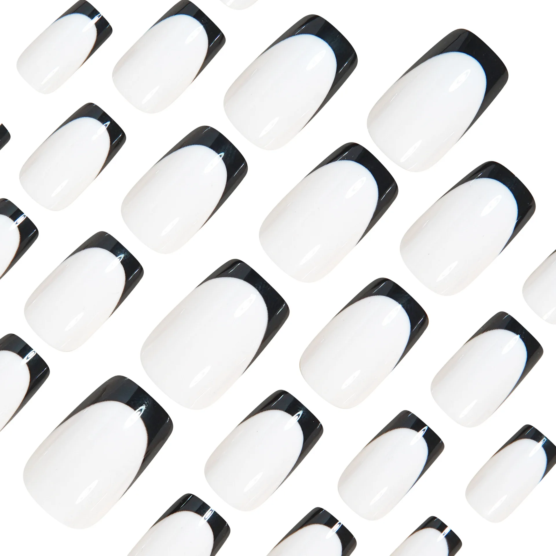 24 pezzi semplici neri francesi lucidi stampa sulle unghie finte unghie finte quadrate medie bianche alla moda per le donne con design indossabile