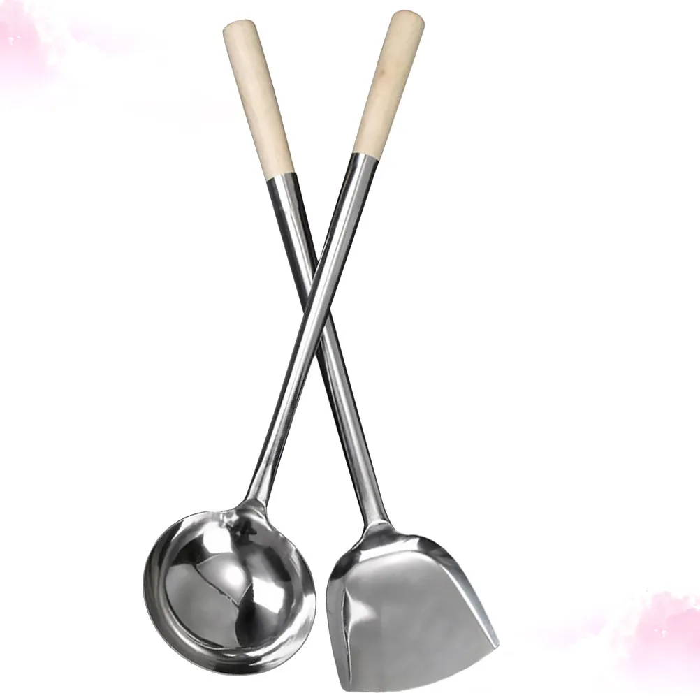 2Pcs Wood Handle Stainless Steel Cooking Shovel Spoon Set Long Handle Kitchen Gadget for Home Restaurant Hotel Cooking