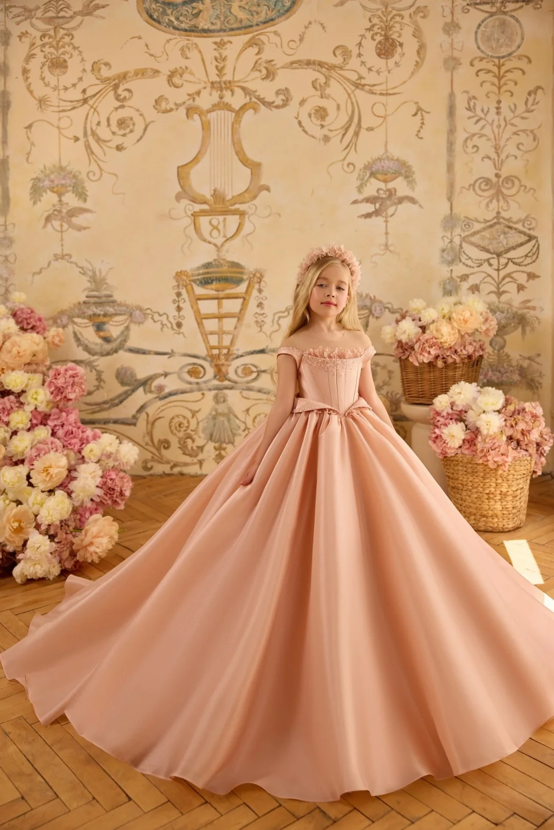 Customized Pink Tulle Flower Girl Dress For Wedding Beaded Puffy Pearls Long Kids Birthday First Communion Party Ball Gown