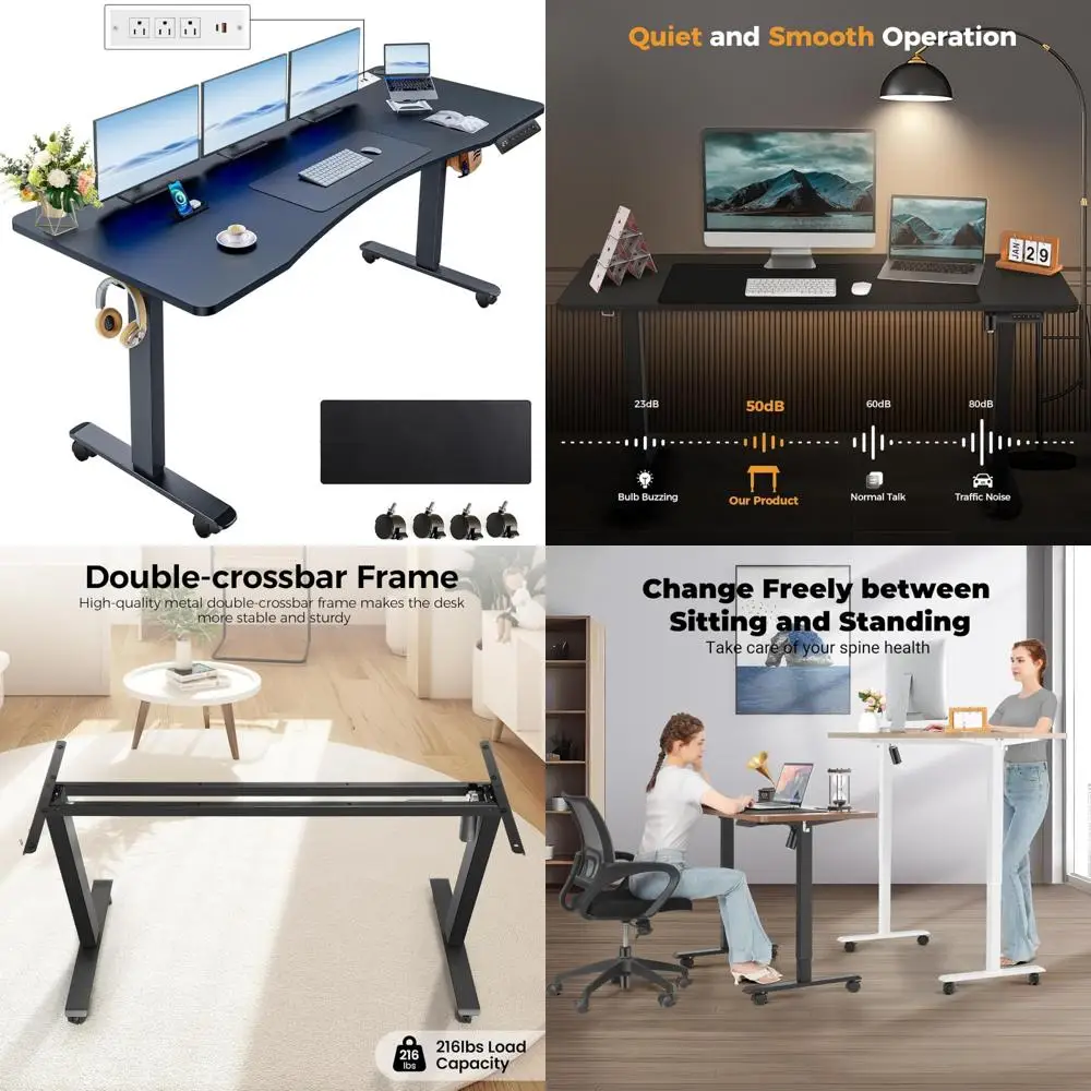 Ergonomic Adjustable Height Sit-Stand Desk 63x24 Curved Electric Desk for Home Office Computer Workstation