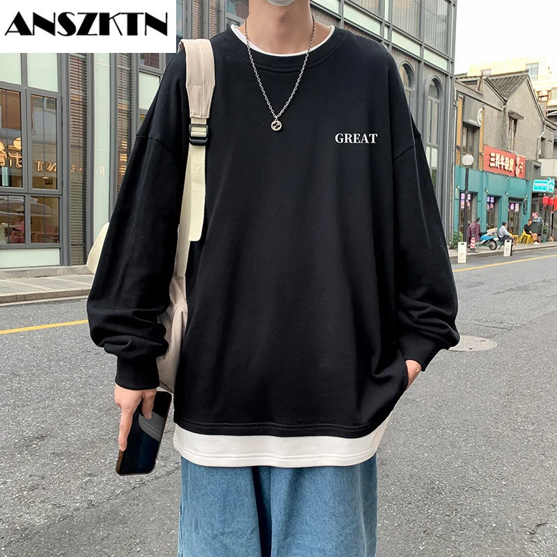 

ANSZKTN New spring autumn Men's Hong Kong Style IMS solid color round collar loose cotton long sleeve T-shirt hoodie