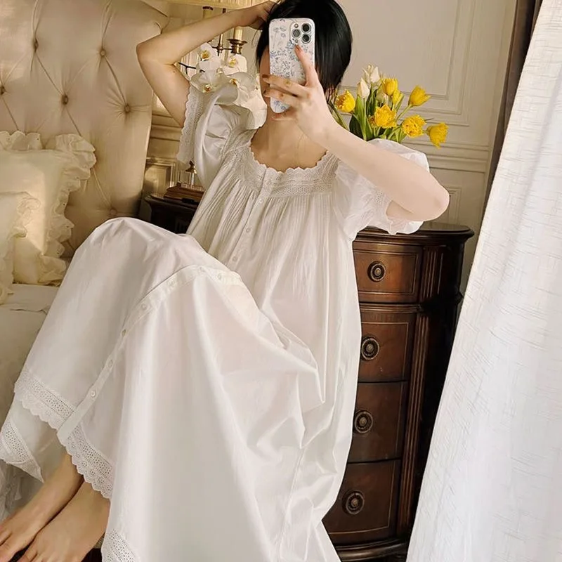 Women Summer Short Sleeve Cardigan Loose Nightdress Princess Vintage Lace Square Collar Long Nightgown 100% Cotton Sleepwear New