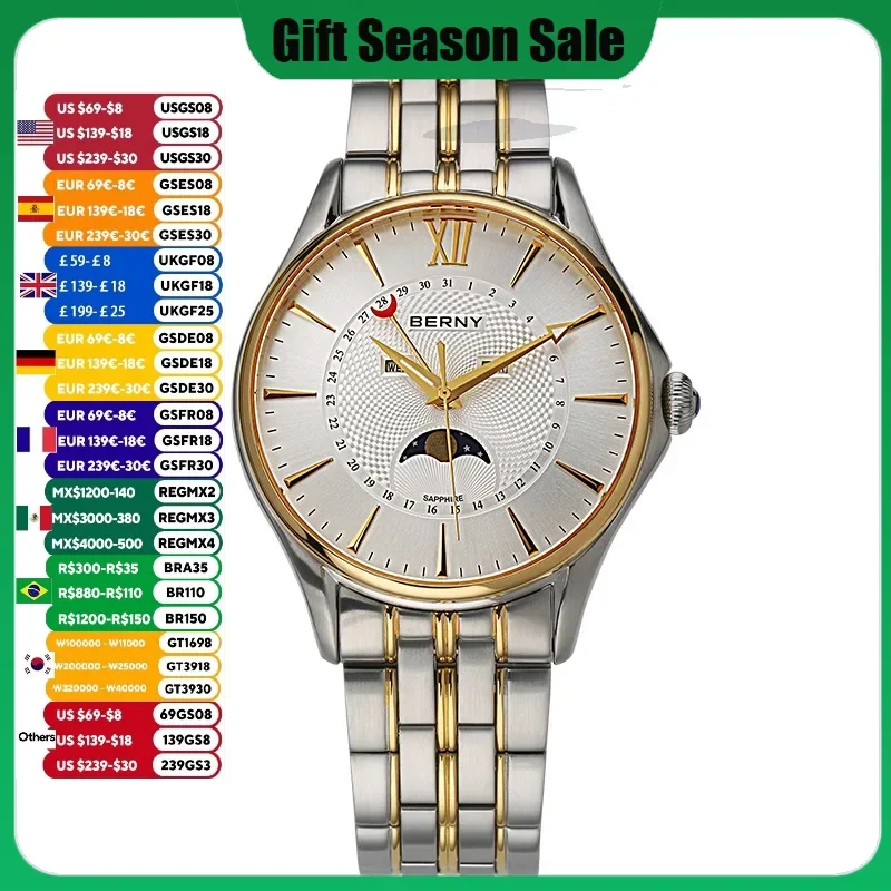 Men Watch Luxury Stainless Steel Moon Phase Wristwatch Waterproof Sports Simple Dial Calendar Miyota Quartz Watches for Men 2022