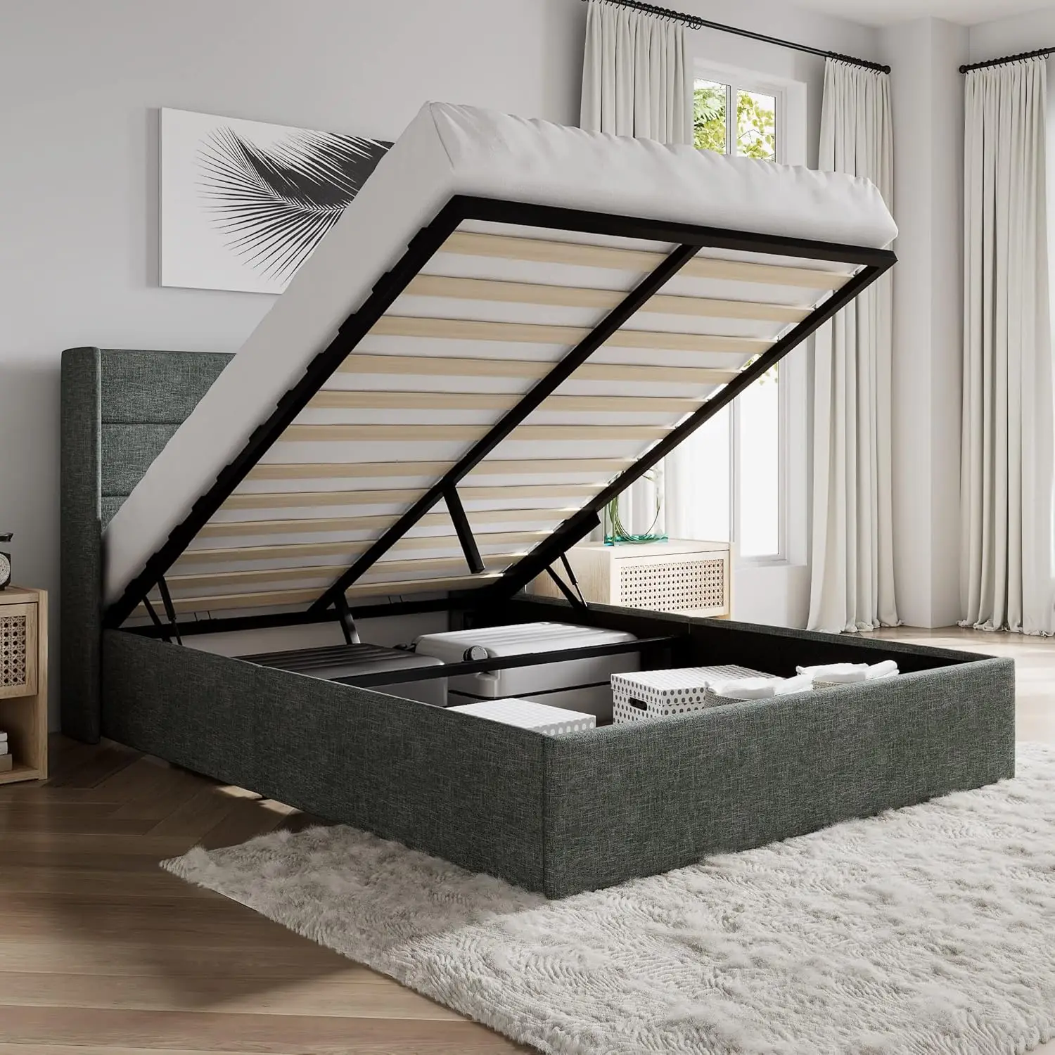 Full Size Lift Up Storage Bed/Modern Headboard/Upholstered Platform Bed Frame/Hydraulic Storage/No Box