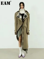 [EAM] abrigo de lana asimétrico a cuadros con bloques de Color, Parkas de talla grande con solapa nueva, manga larga, moda para mujer Otoño Invierno 2024 1DF4042