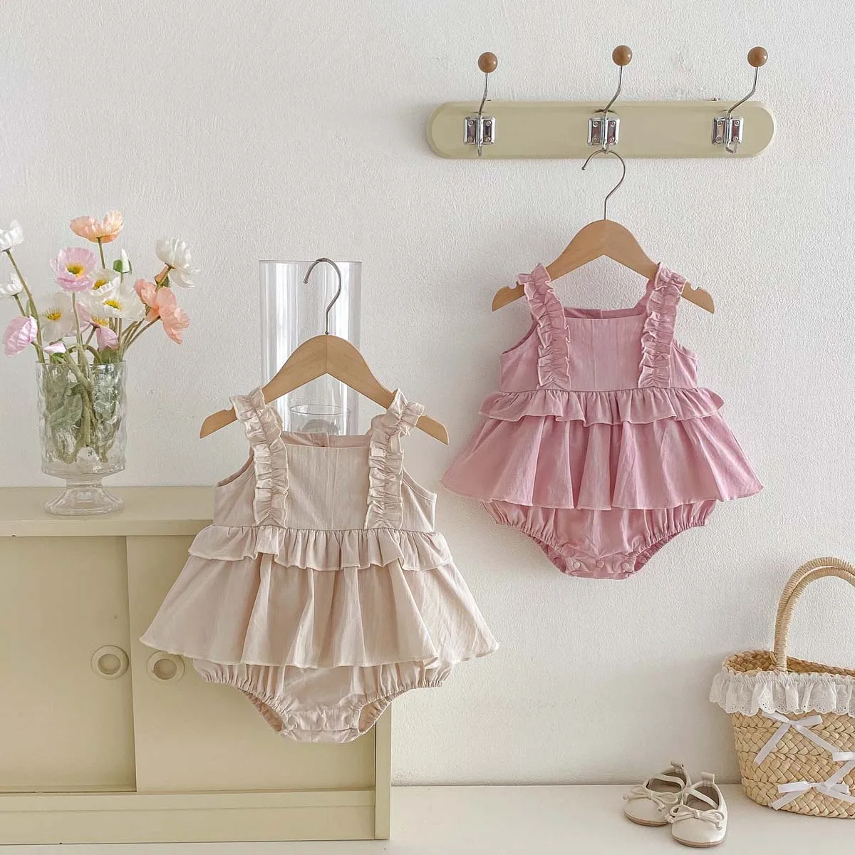 2026 Summer 0-2Y Baby Girl Clothes Mushroom Lace Shoulder Strap Girls Dress Bodysuit Korean Style Pure-color Toddler One-piece