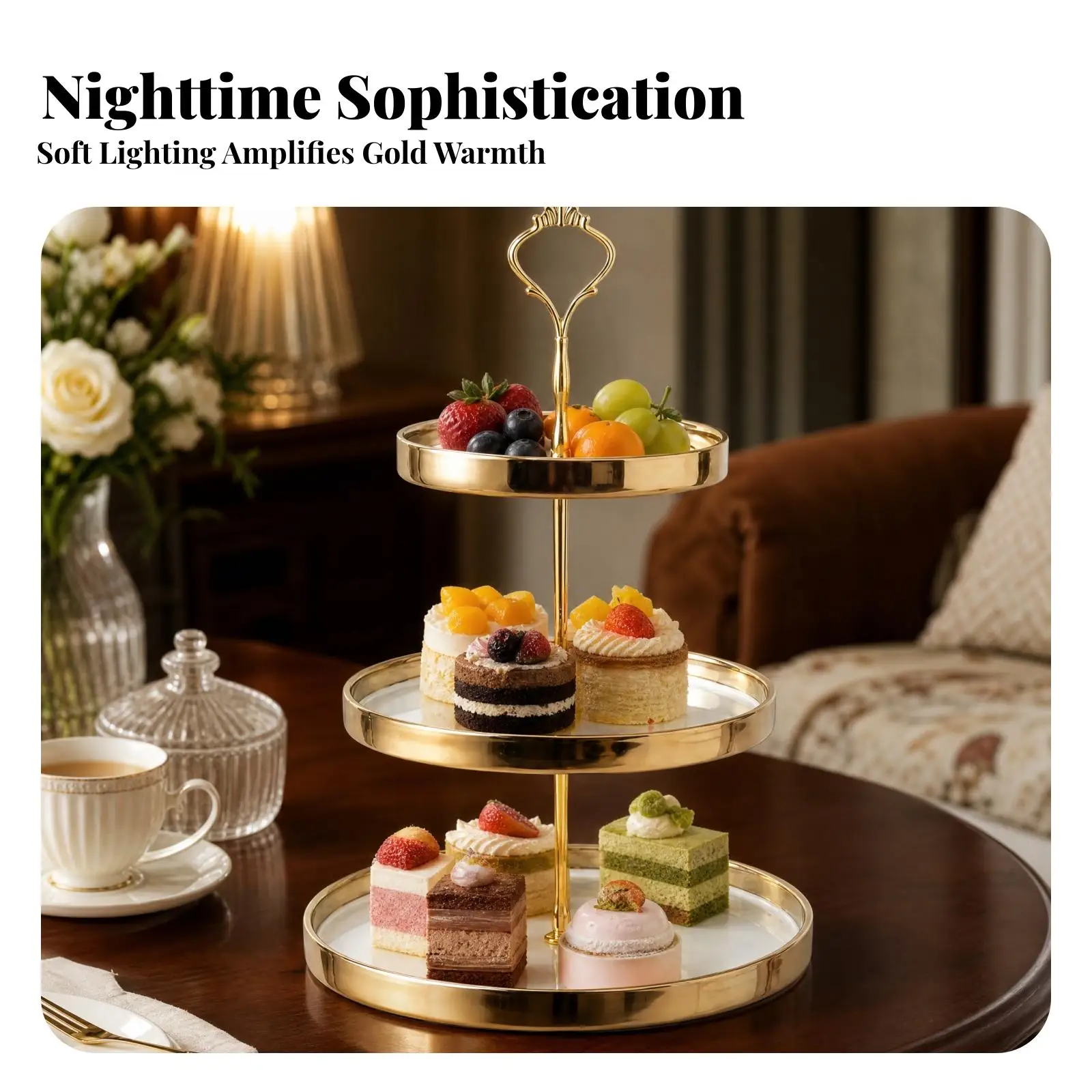 Three-Tier Serving Stand with Ceramic Trays Elegant Three-Tier Serving Stand with Top Handle Space-Saving for Entertaining,