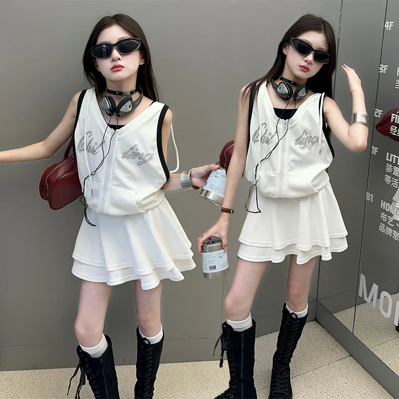 

teen Girls dress set American spicy girl hooded backless street sport style skirt suit letter top+skirts 2pcs junior kid outfits