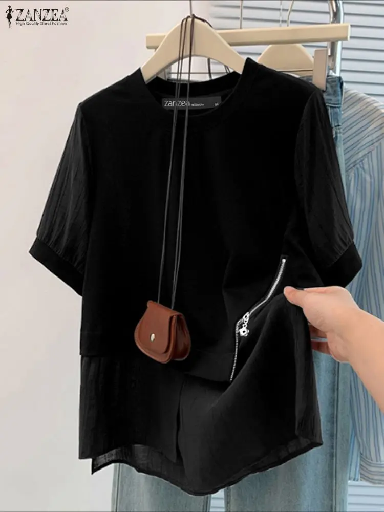 

ZANZEA Fashion Summer Blouse Women 2025 Casual O Neck Short Sleeve Tops Patchwork Blusas Mujer Female Chemise Elegant Work Shirt
