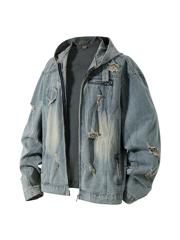 

Мужская джинсовая куртка оверсайз с эффектом потертости, с капюшоном, винтажный стиль, для пар, весна-осень, верхняя одежда