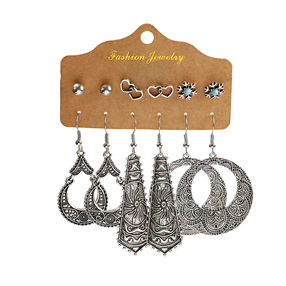 6Pairs/set Round Vintage Silver Color Drop Earring Set Women Ethnic Boho Indian Jewelry Feather Water Drop Earrings Jewelry 2022