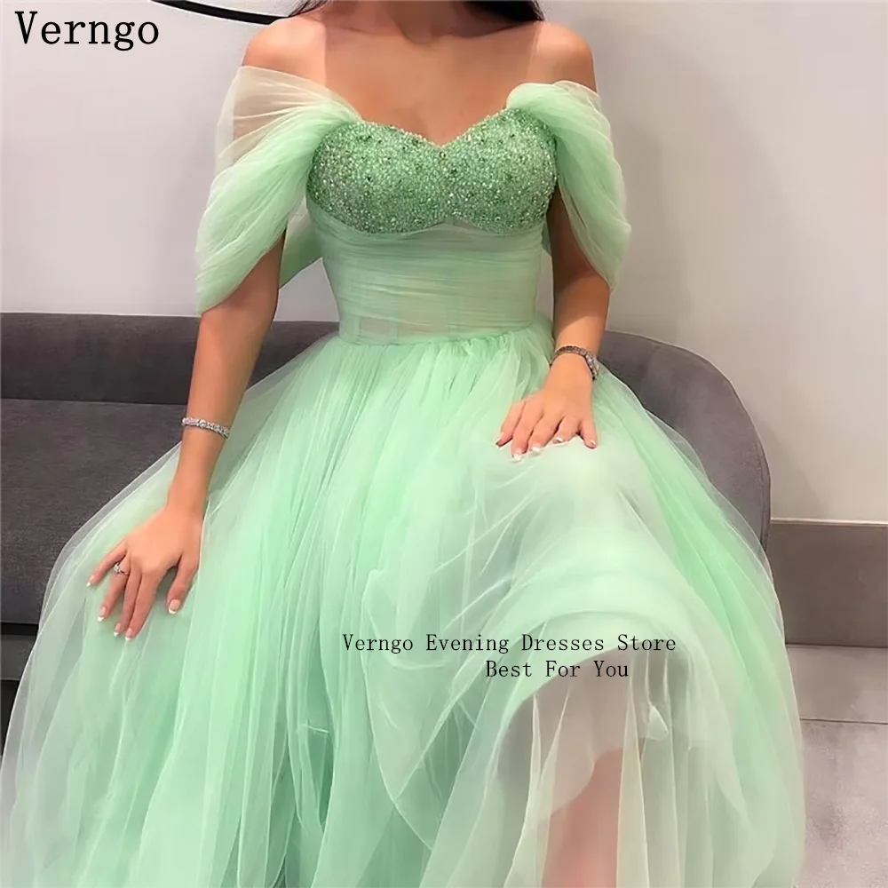 Verngo Green Tulle Evening Dresses Off The Shoulder A Line Sequined Beading Prom Party Dress Elegant Formal Prom Gowns