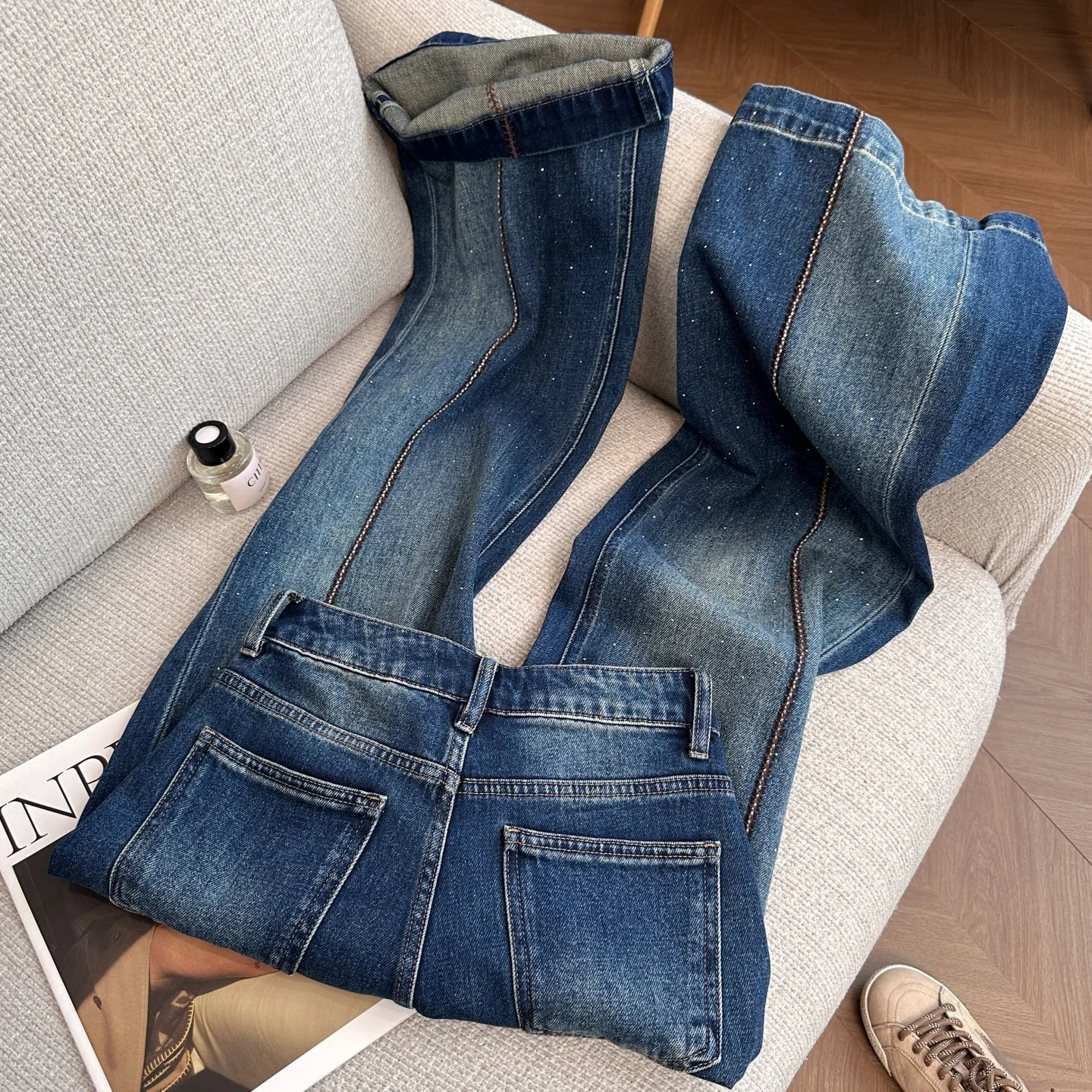 

Американские ретро джинсовые брюки со стразами для женщин, шикарные яркие нити, свободные широкие джинсы, осенние повседневные брюки с высокой талией