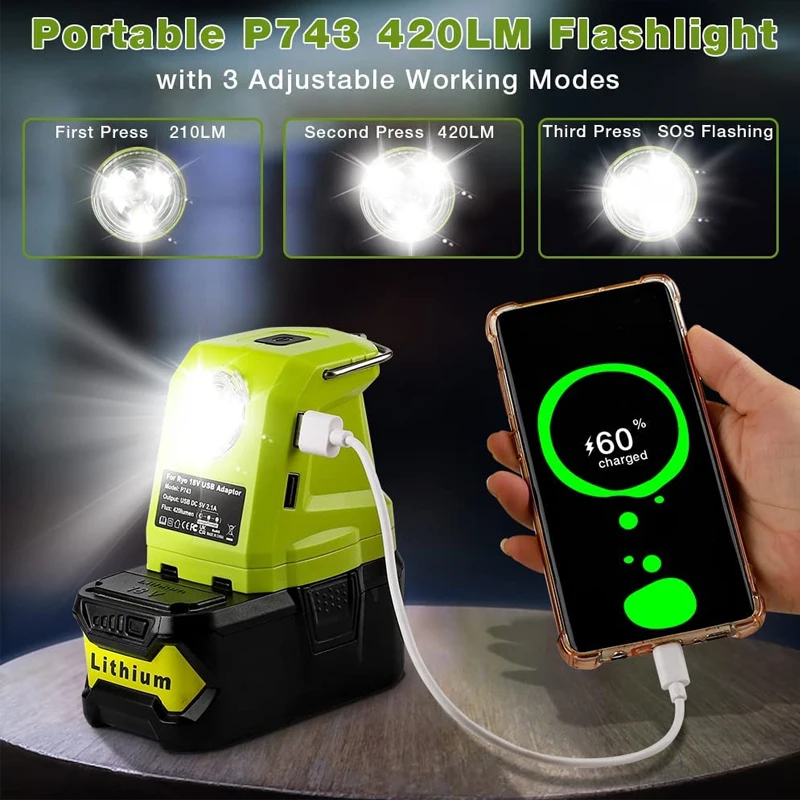 Battery Adapter For Ryobi 18V Li-ion Battery Dual USB Converter Port With LED Light Spotlight Outdoor Flashlight DC 14.4-18V