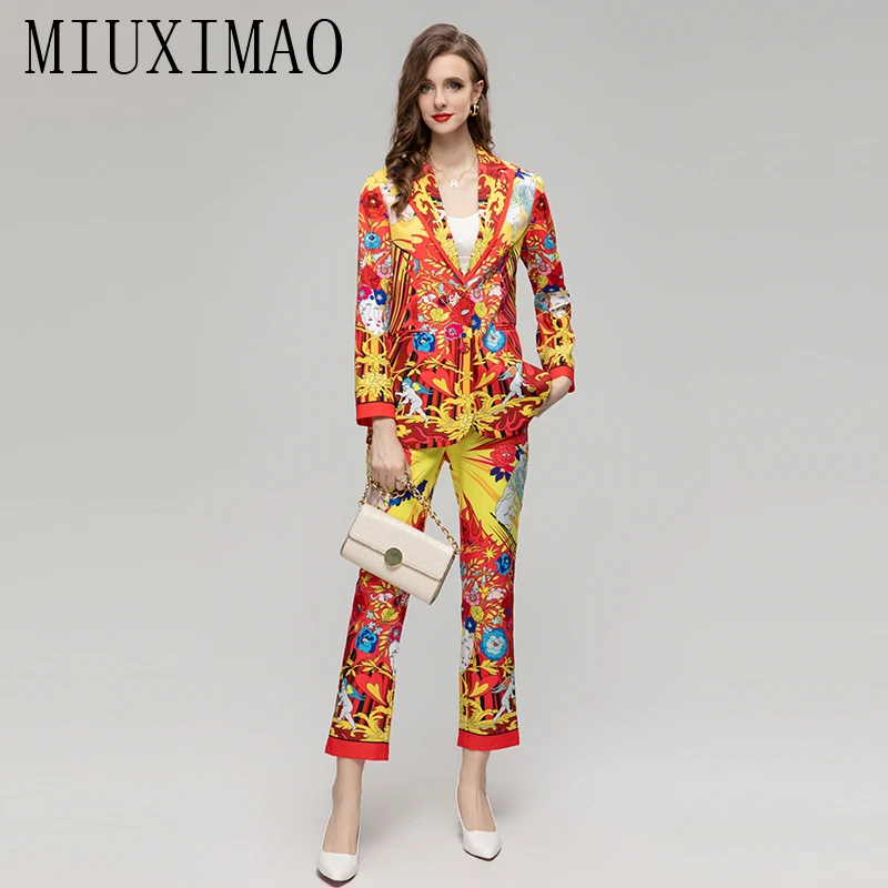 MIUXIMAO 2023 Fall Luxury Diamond  Sicily Elegant Suit Heart Angel Flower Prints Top+ Slim Pant Fashion Two-piece Set Women Suit