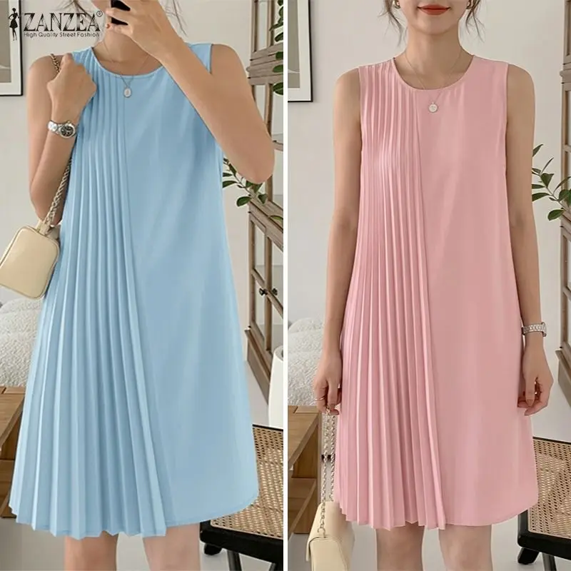 

Stylish Summer Mini Dress 2026 ZANZEA Women O Neck Sleeveless Holiday Sundress Elegant Casual Solid Pleated Beach Short Dresses