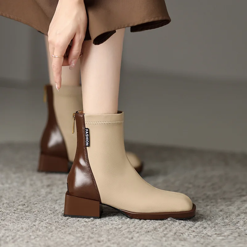 【2025 Novo outono】Botas de camurça de salto grosso para mulheres |   Botas retrô marrons com bico quadrado |   Senhoras de salto baixo bloco da moda coreana