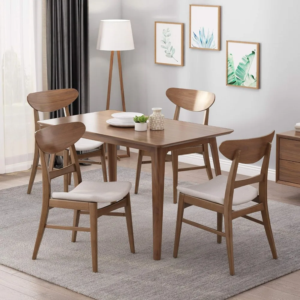 Helen Mid-Century Modern Dining Chairs (Set of 4), Polyester,Rubberwood, Light Beige, Walnut