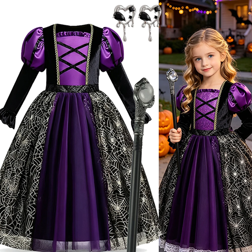 2026 Halloween Easter Festive Party Girl Cosplay Classic Witch Purple Print Long Sleeve Dress Evil Horror Set Baby Birthday Gift