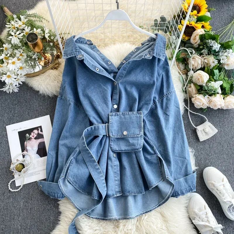 

Denim Shirts for Women Blouse Washed Outerwear 2025 Jackets Strap Waist Bag Lapel Single Breasted Streetwear Overshirt Tops