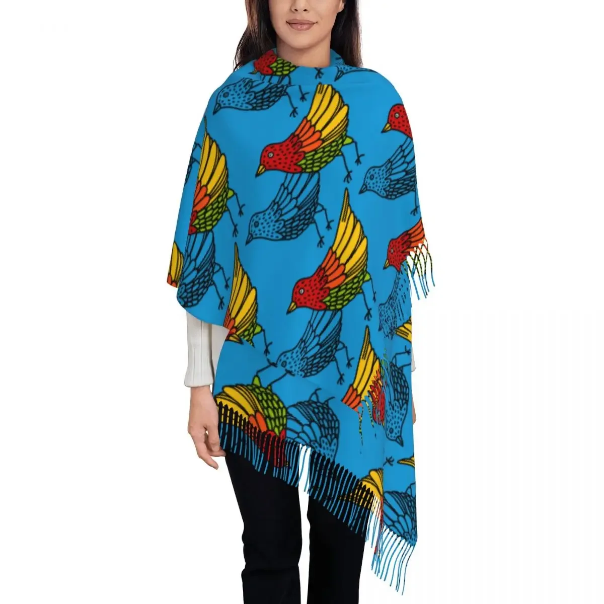 Colorful Hand Drawn Bird Women's Tassel Shawl Scarf Fashion 