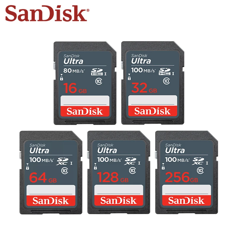 بطاقة ذاكرة SanDisk Ultra SDHC أصلية 100% بسعة 16 جيجابايت و32 جيجابايت وبطاقة ذاكرة SDXC سعة 64 جيجابايت و128 جيجابايت و256 جيجابايت بحد أقصى 100 ميجابايت/ثانية وبطاقة فلاش كاميرا SD بطاقات UHS-I