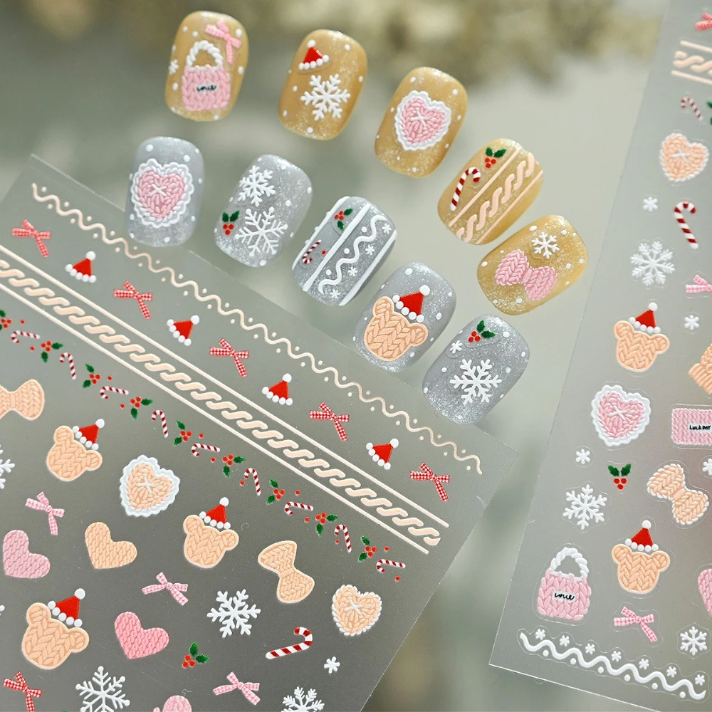 Guantes de oso pequeño con elemento de punto navideño, bolsa de corazón de amor, lazo, copo de nieve, pegatinas bonitas para decoración de uñas, calcomanías de manicura encantadoras de Navidad