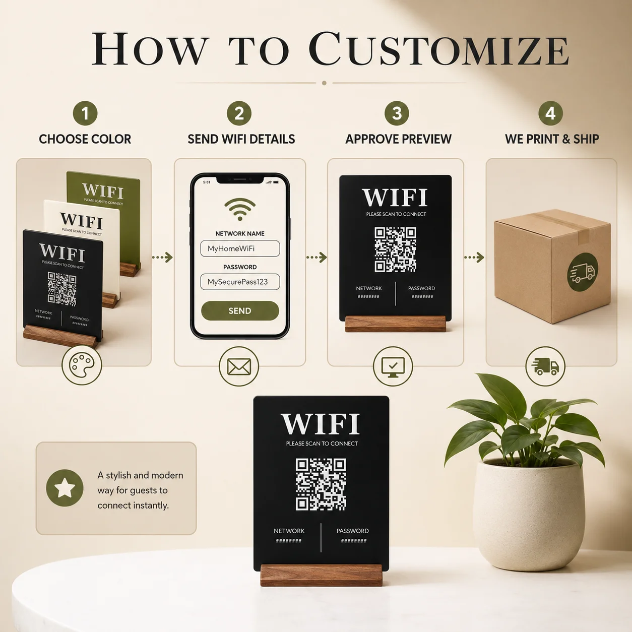 Custom Wifi Password QR Code Sign Modern Acrylic Desk Signage With Wooden Holder for Airbnb Salon Spa Hotel Office Home Decor view 6